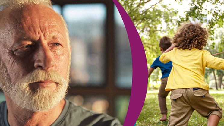 Auf dem Bild befindet sich links ein Paar mit Enkelkind, rechts eine ältere Frau. In der Mitte befindet sich der Text: Früh zum Arzt – mehr Zeit zum Leben.